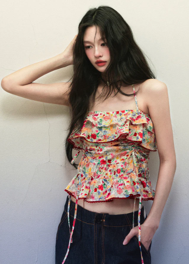 Red Floral Ruffle Drawstring Cami Top - Image 2