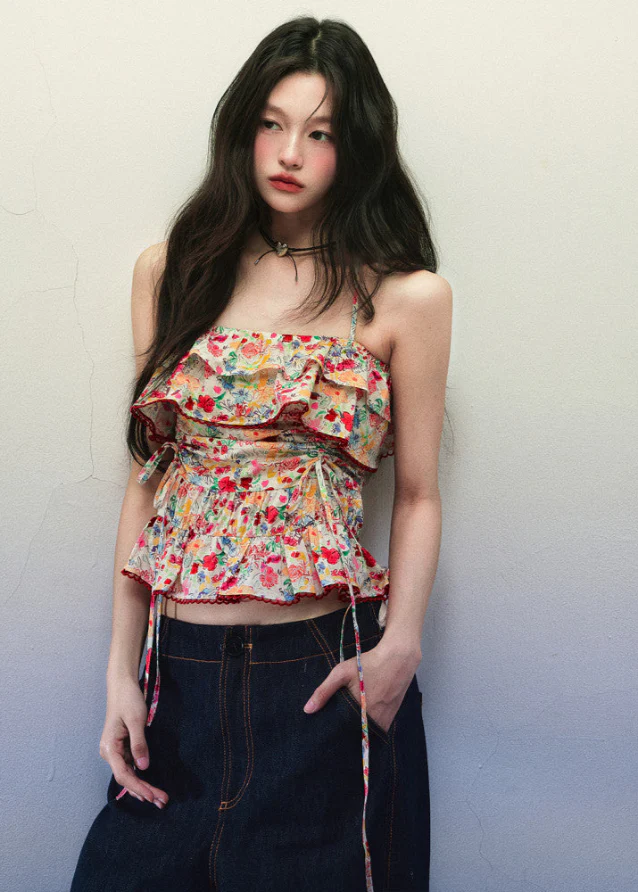 Red Floral Ruffle Drawstring Cami Top - Image 3