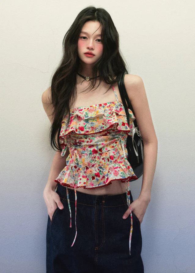 Red Floral Ruffle Drawstring Cami Top - Image 4