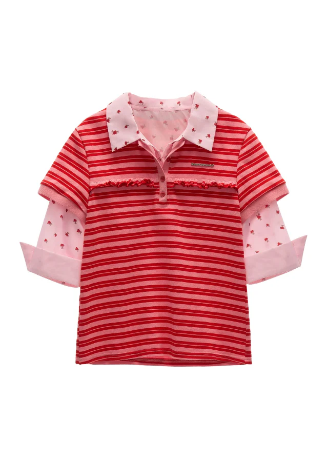 Red Stripe Faux Two-Piece Polo Tee - Image 7