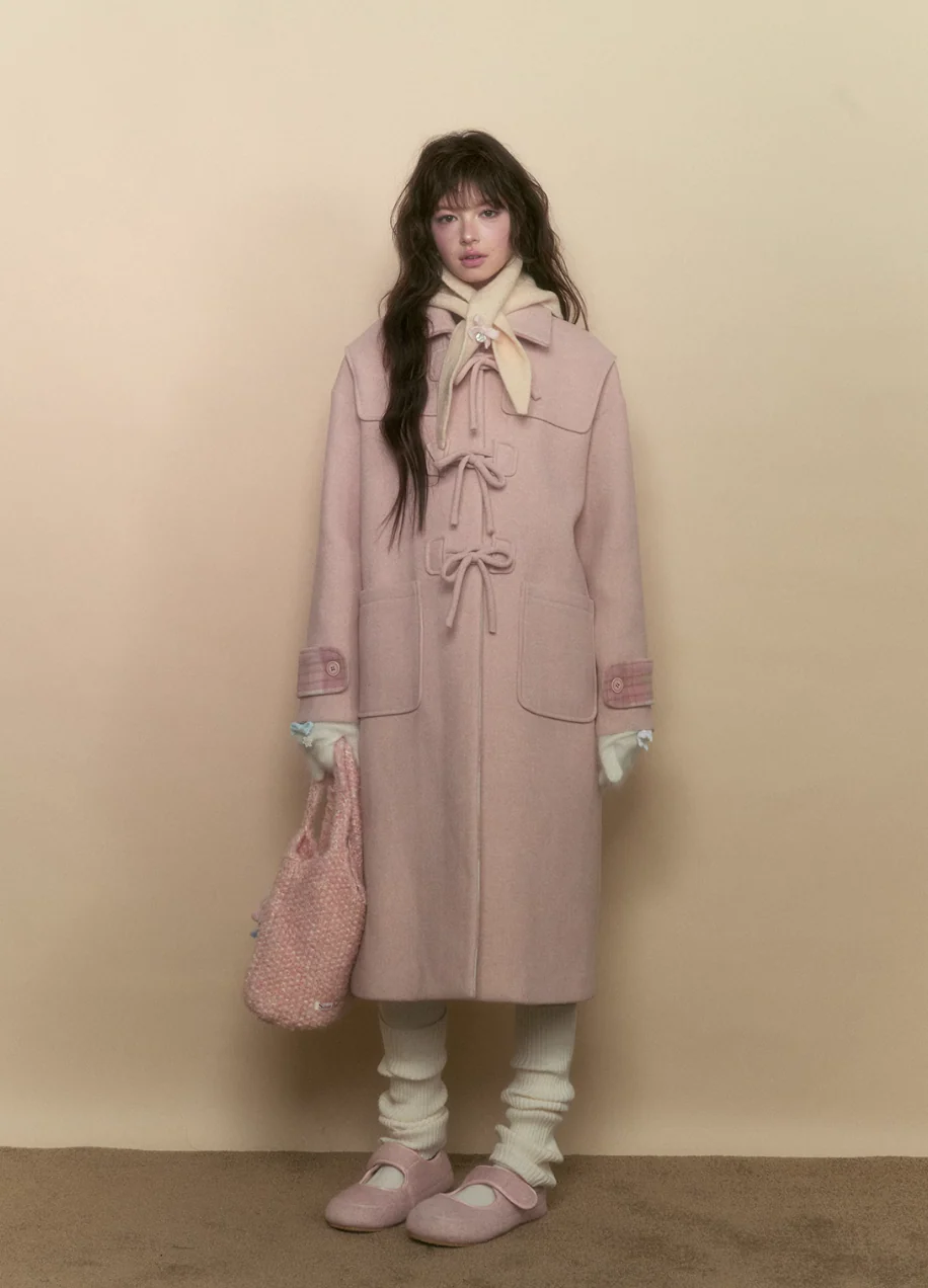 Retro Bear Bow Wool Horn Button Coat - Image 3