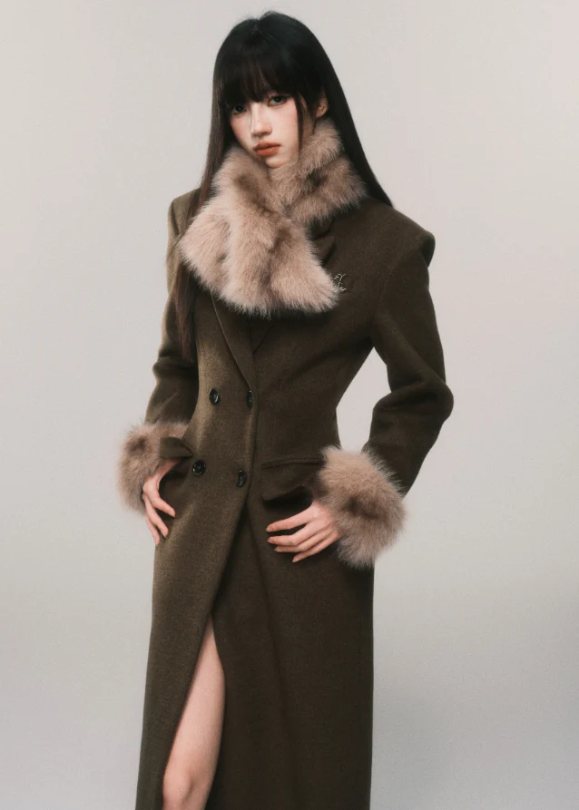 Retro Hourglass Fur-Trim Tweed Coat