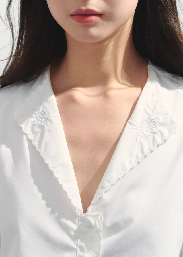 Retro French Embroidered V-Neck Shirt - Image 2