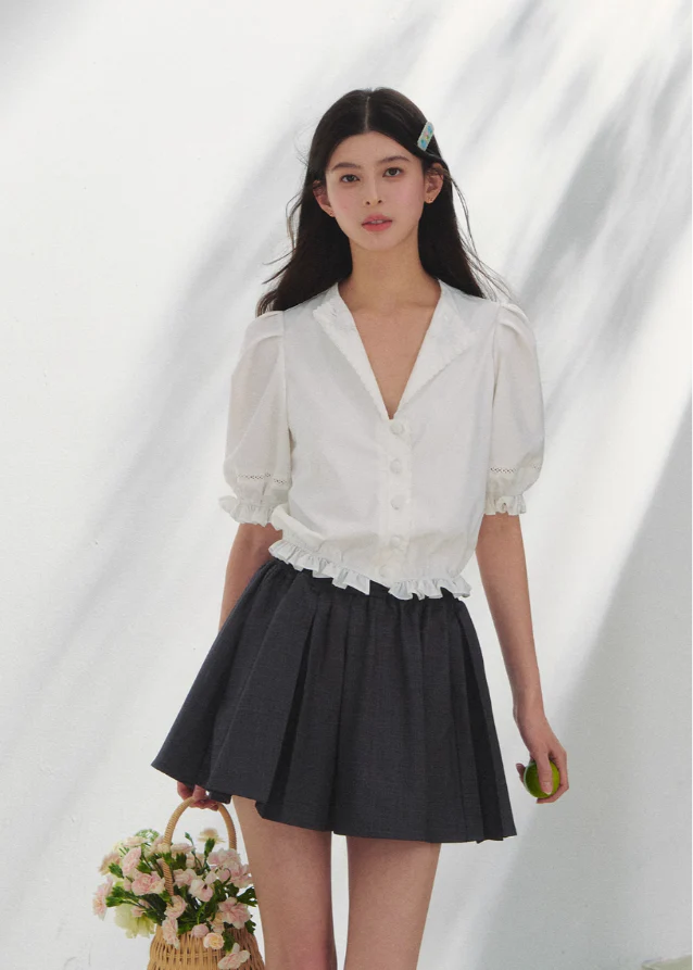Retro French Embroidered V-Neck Shirt - Image 3