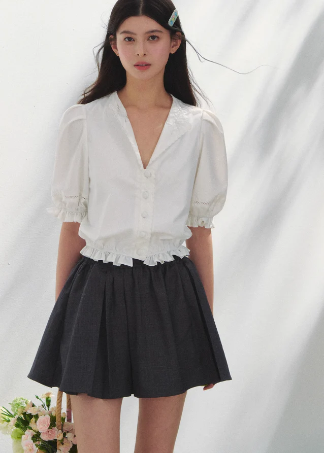 Retro French Embroidered V-Neck Shirt - Image 4
