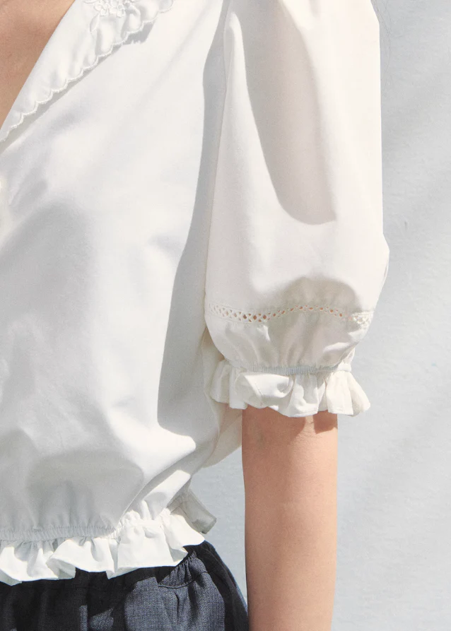 Retro French Embroidered V-Neck Shirt - Image 5