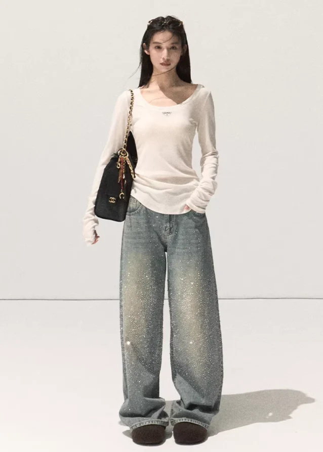 Rhinestone Washed Cotton Denim Pants - Image 3
