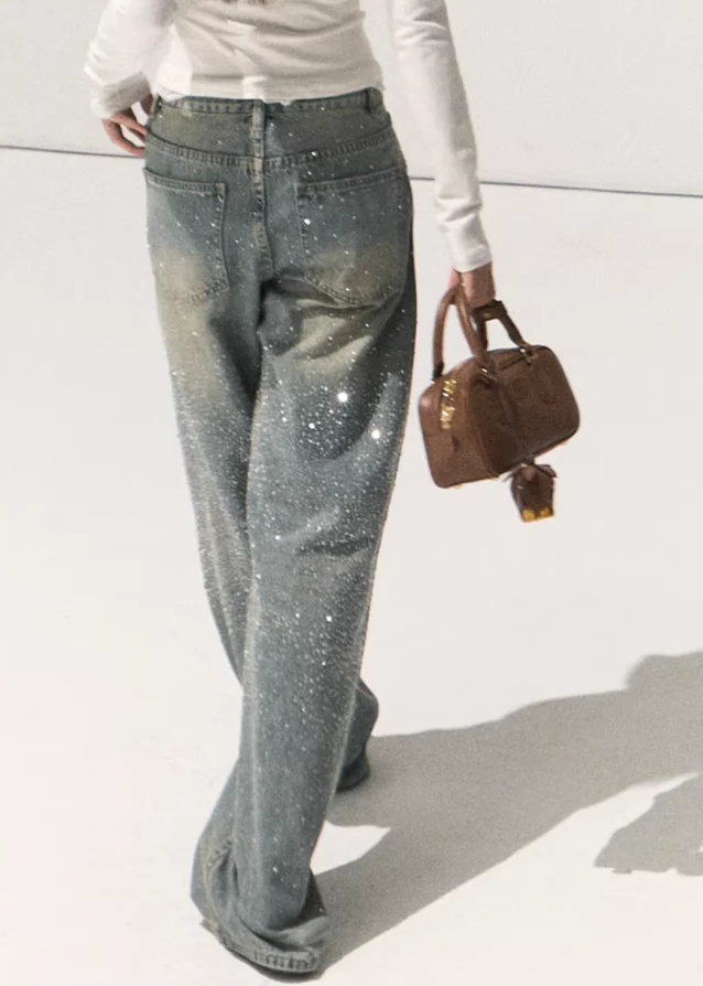 Rhinestone Washed Cotton Denim Pants - Image 4