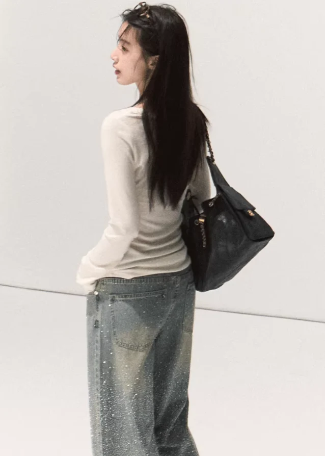 Rhinestone Washed Cotton Denim Pants - Image 5