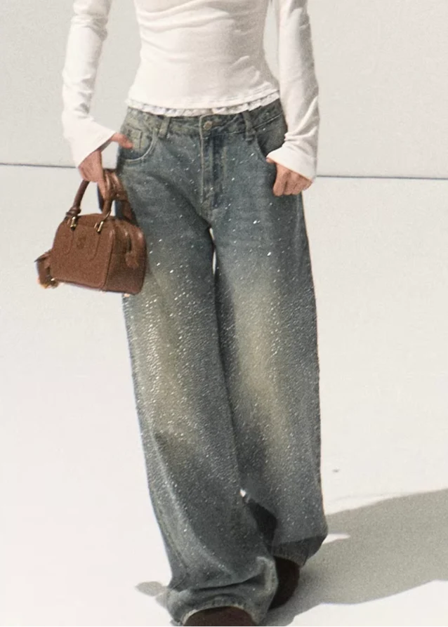 Rhinestone Washed Cotton Denim Pants - Image 6
