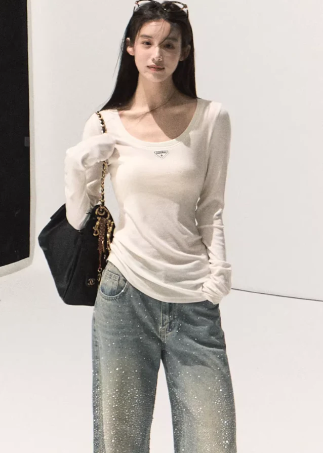Rhinestone Washed Cotton Denim Pants - Image 7