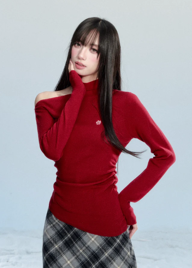 Romantic Slant-Shoulder Red Sweater - Image 6