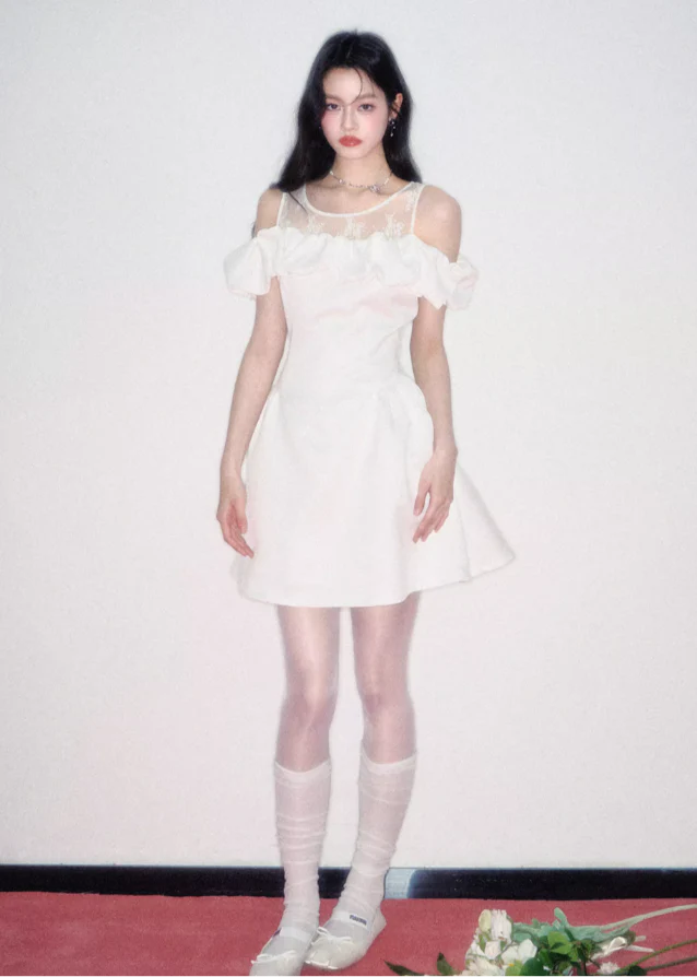 Off-Shoulder Lace Patchwork Dress - Image 6