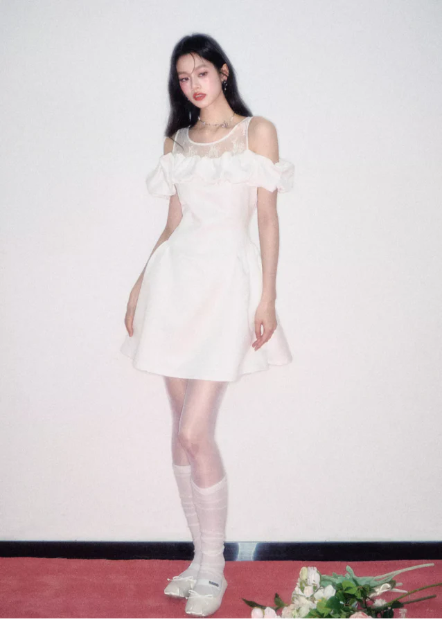 Off-Shoulder Lace Patchwork Dress - Image 8