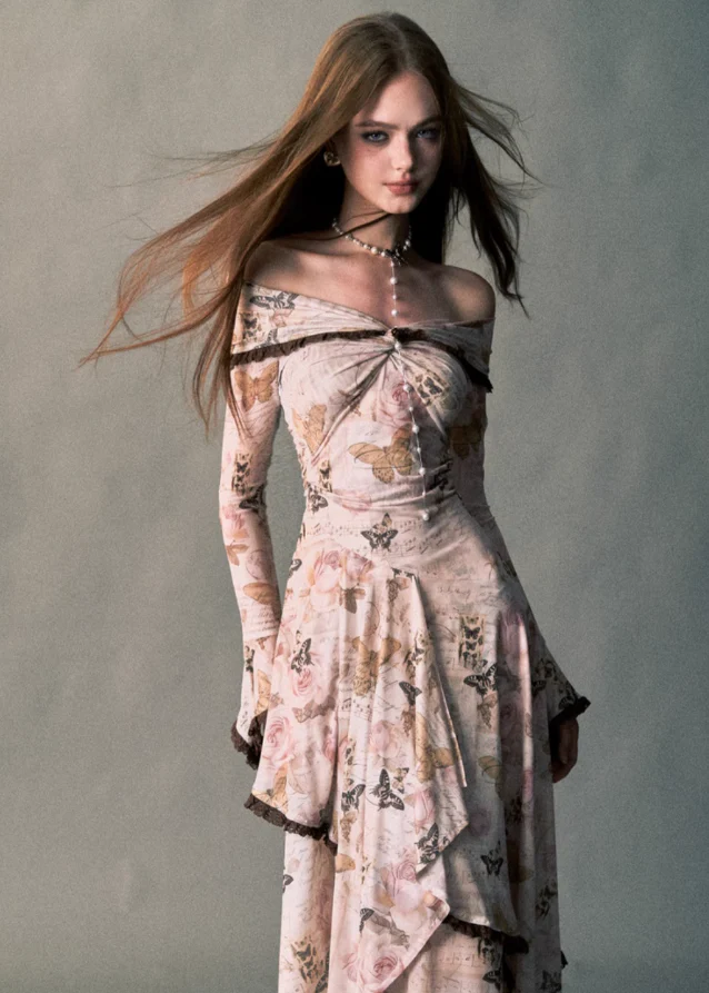 Rose Butterfly One-Shoulder Swing Long Dress - Image 3