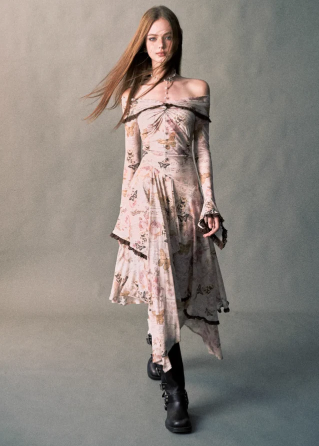 Rose Butterfly One-Shoulder Swing Long Dress - Image 4