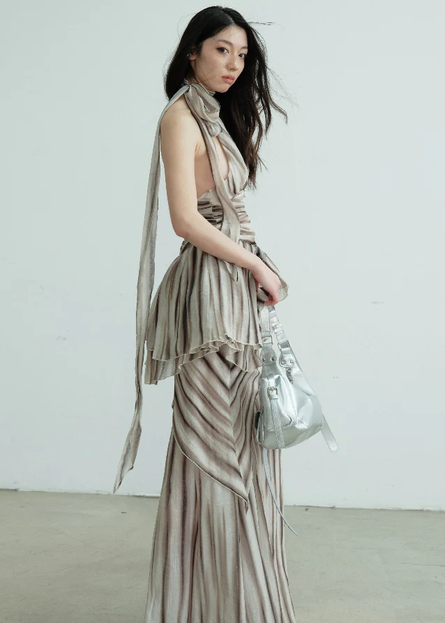 Textured Print Deep V Two-Piece Dress Set
