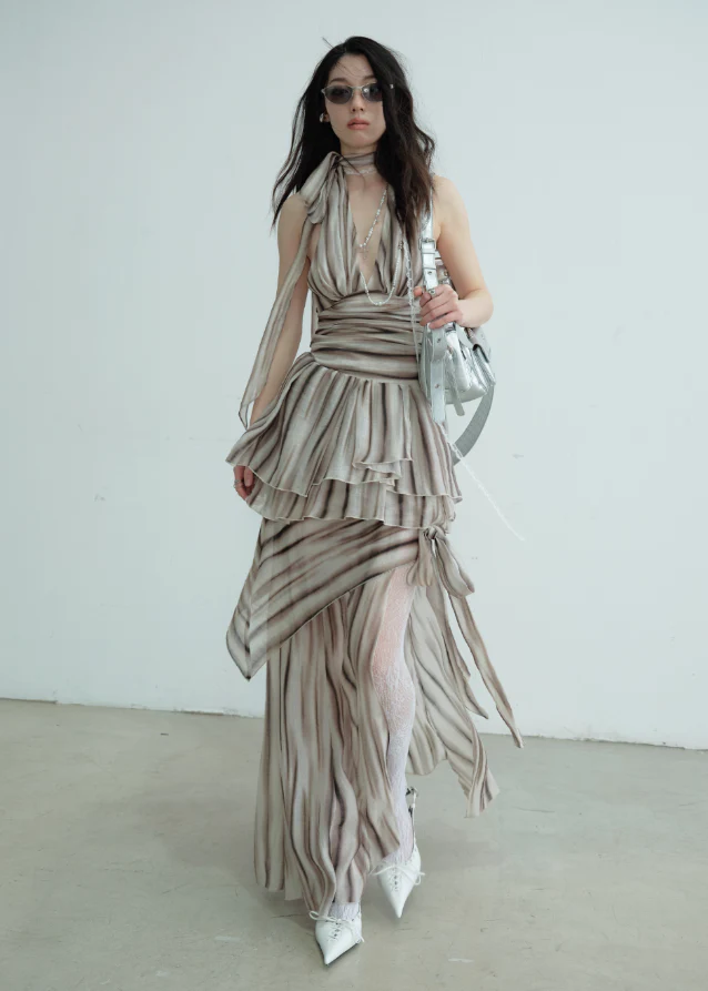 Textured Print Deep V Two-Piece Dress Set - Image 6