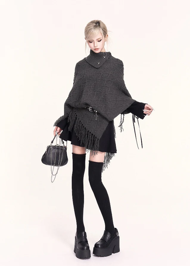 Seoul Muse Asymmetric Fringe Poncho - Image 2