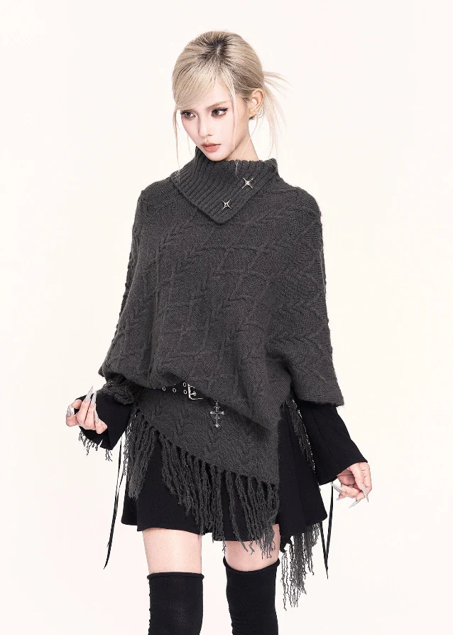 Seoul Muse Asymmetric Fringe Poncho - Image 5