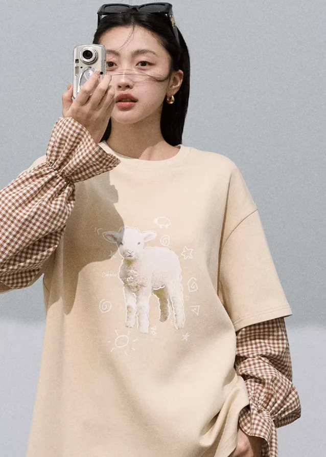 Sheep Heart Lyocell Cotton Plaid Patchwork Sweatshirt - Image 3