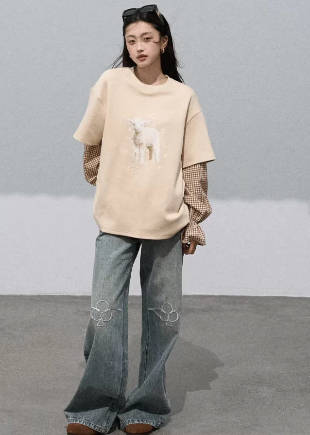 Sheep Heart Lyocell Cotton Plaid Patchwork Sweatshirt - Image 4