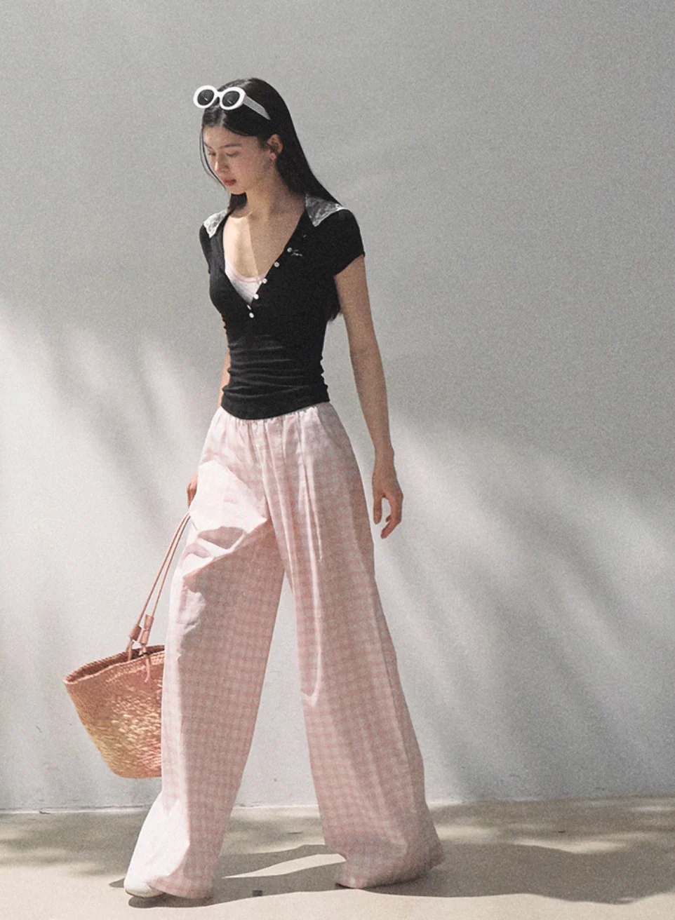 Silk Hemp Strap Grid Wide-Leg Pants Vacation Set - Image 4