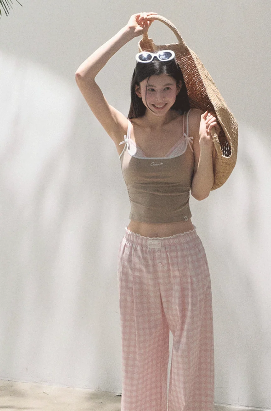 Silk Hemp Strap Grid Wide-Leg Pants Vacation Set - Image 5