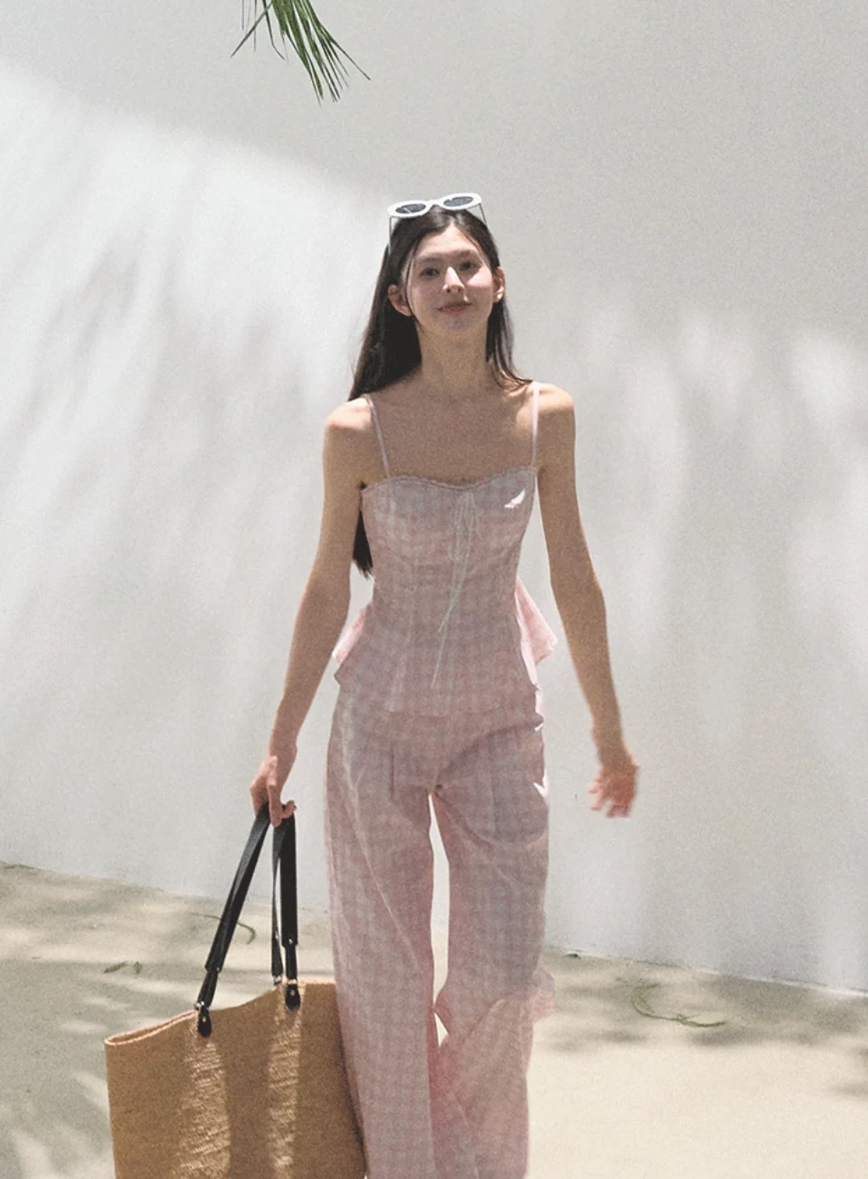Silk Hemp Strap Grid Wide-Leg Pants Vacation Set - Image 6