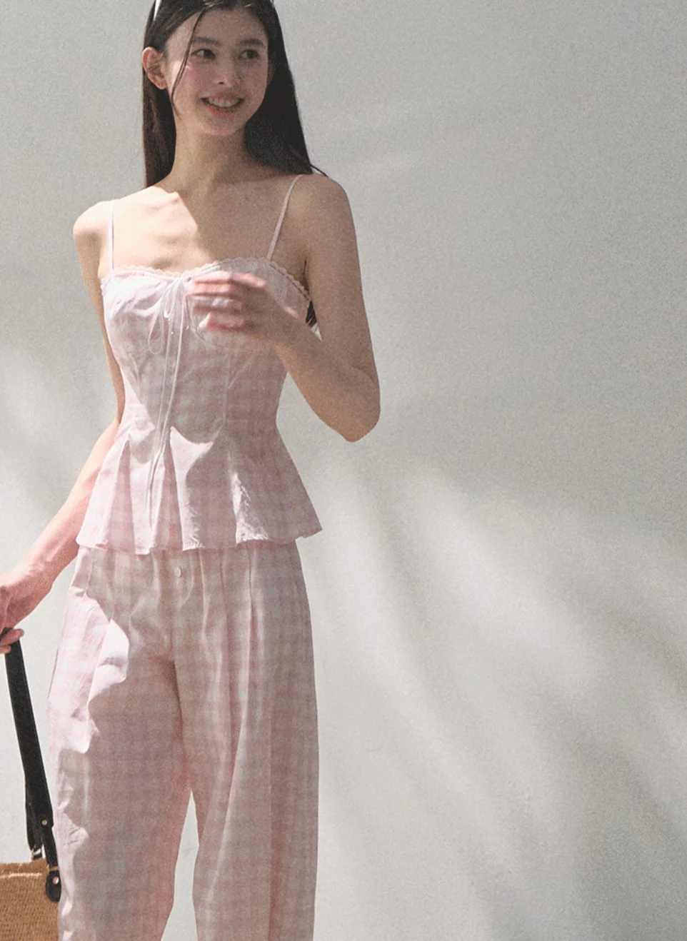 Silk Hemp Strap Grid Wide-Leg Pants Vacation Set - Image 7