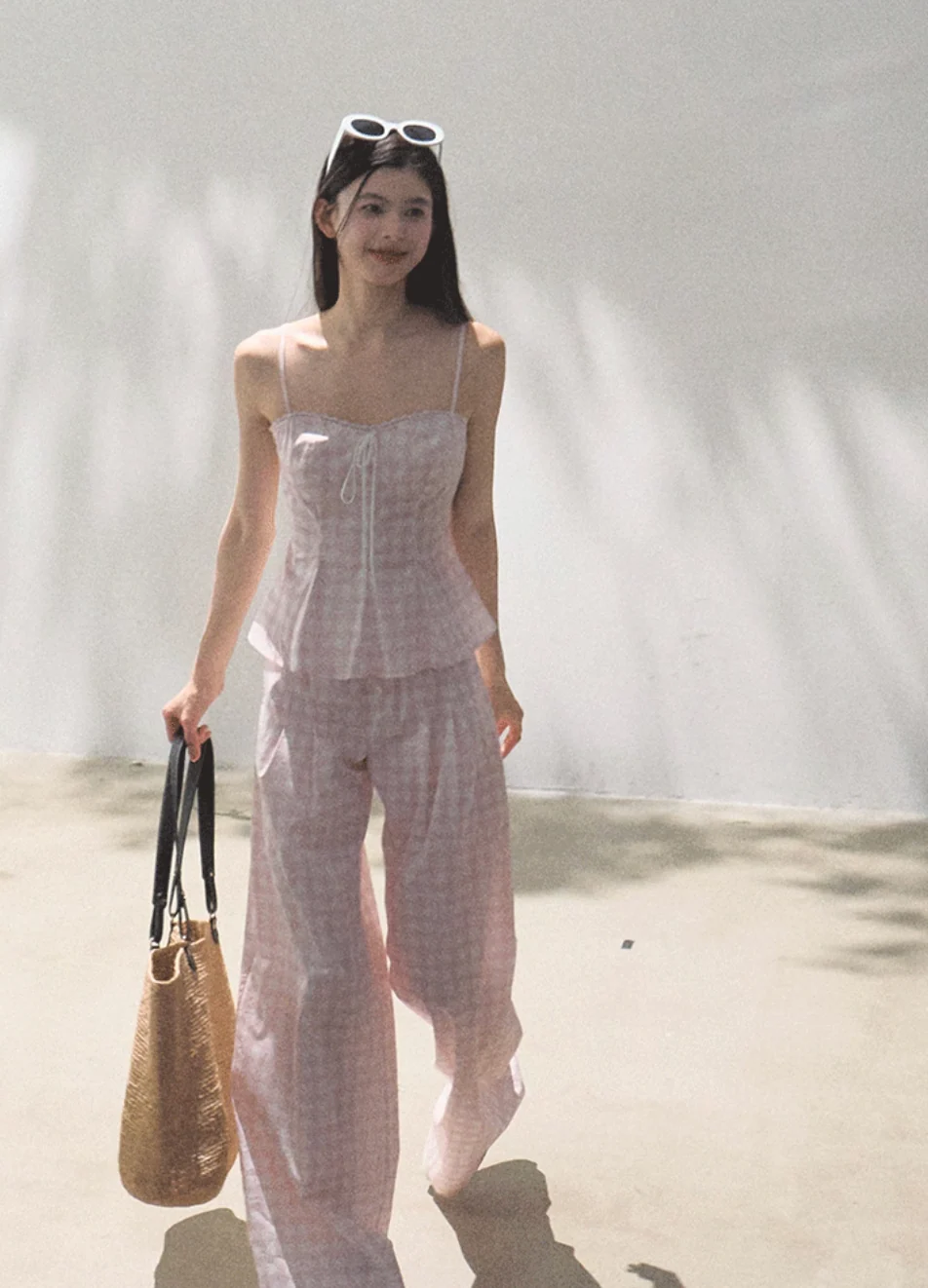 Silk Hemp Strap Grid Wide-Leg Pants Vacation Set - Image 9
