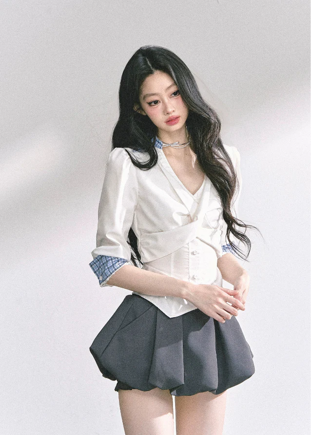 Siren Blanche Waist-Cinch V-Neck Blouse - Image 2