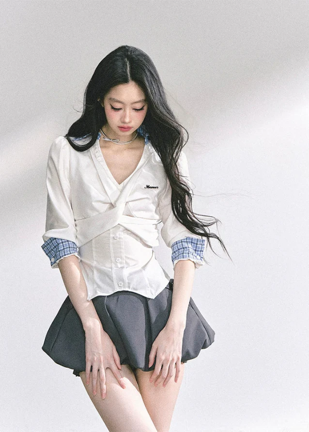 Siren Blanche Waist-Cinch V-Neck Blouse - Image 3