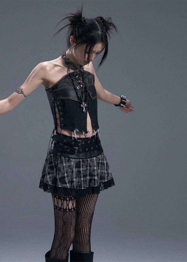 Plaid Lace Belted Pleated Skirt - Image 2