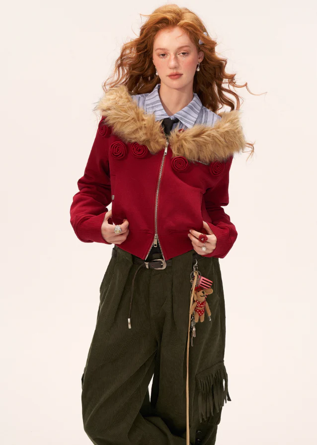 Slant Zip Fur Crop - Image 8