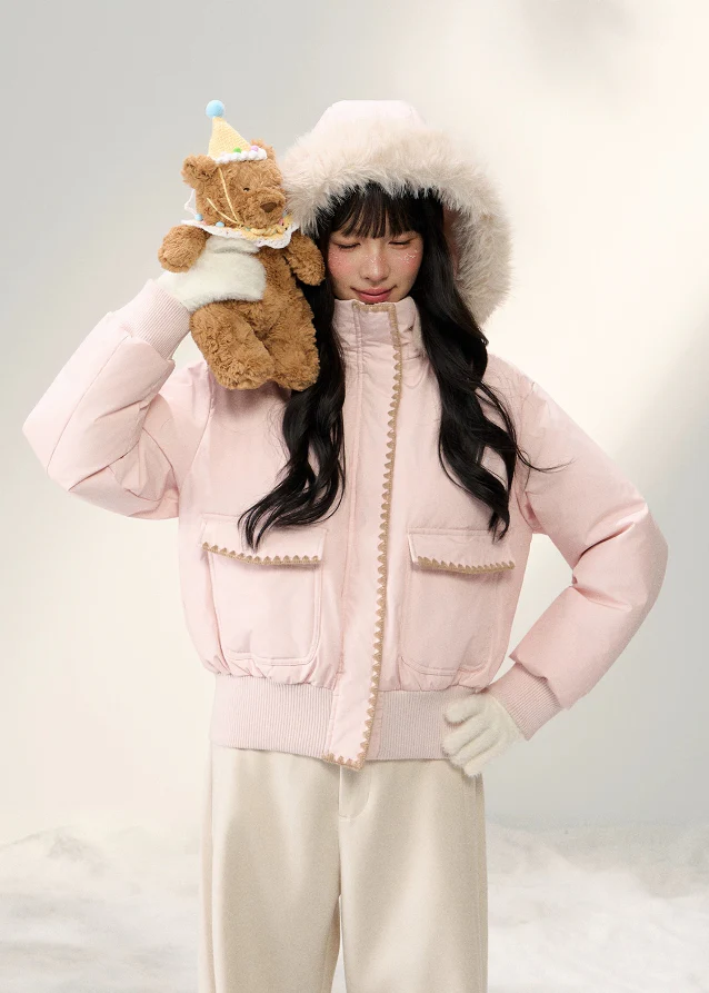 Snowflake Pastel Fur-Collar Down Jacket - Image 3