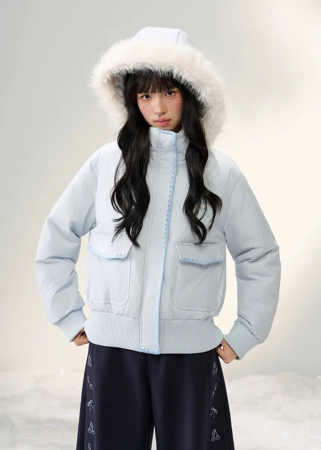 Snowflake Pastel Fur-Collar Down Jacket - Image 4