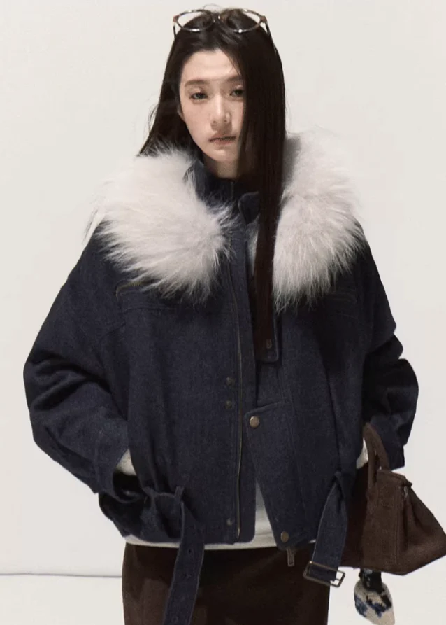 Snowfluff Collar Imitation Denim Short Coat