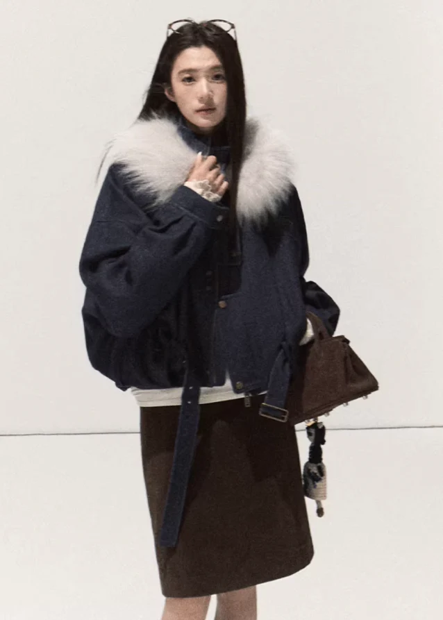 Snowfluff Collar Imitation Denim Short Coat - Image 2