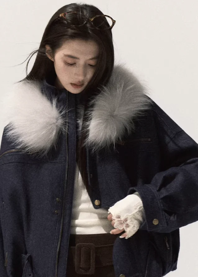 Snowfluff Collar Imitation Denim Short Coat - Image 6