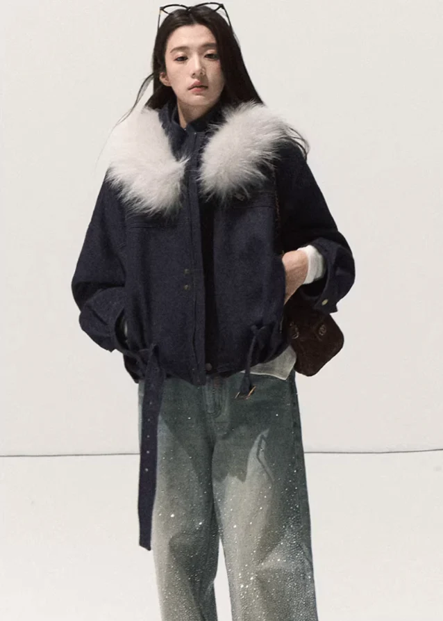Snowfluff Collar Imitation Denim Short Coat - Image 8