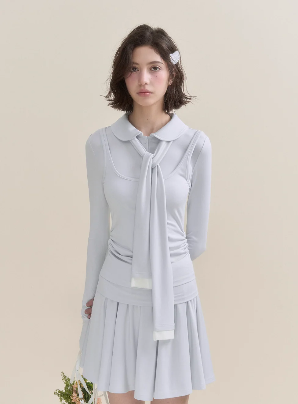 Soft Light Doll Collar Faux Two-Piece Top & Skirt Set