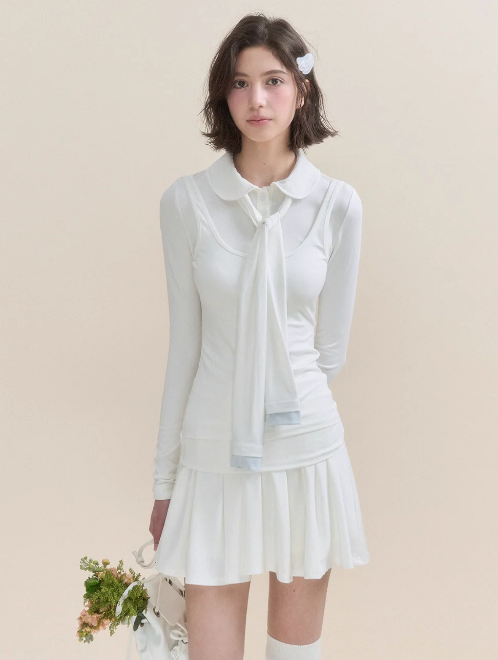Soft Light Doll Collar Faux Two-Piece Top & Skirt Set - Image 2