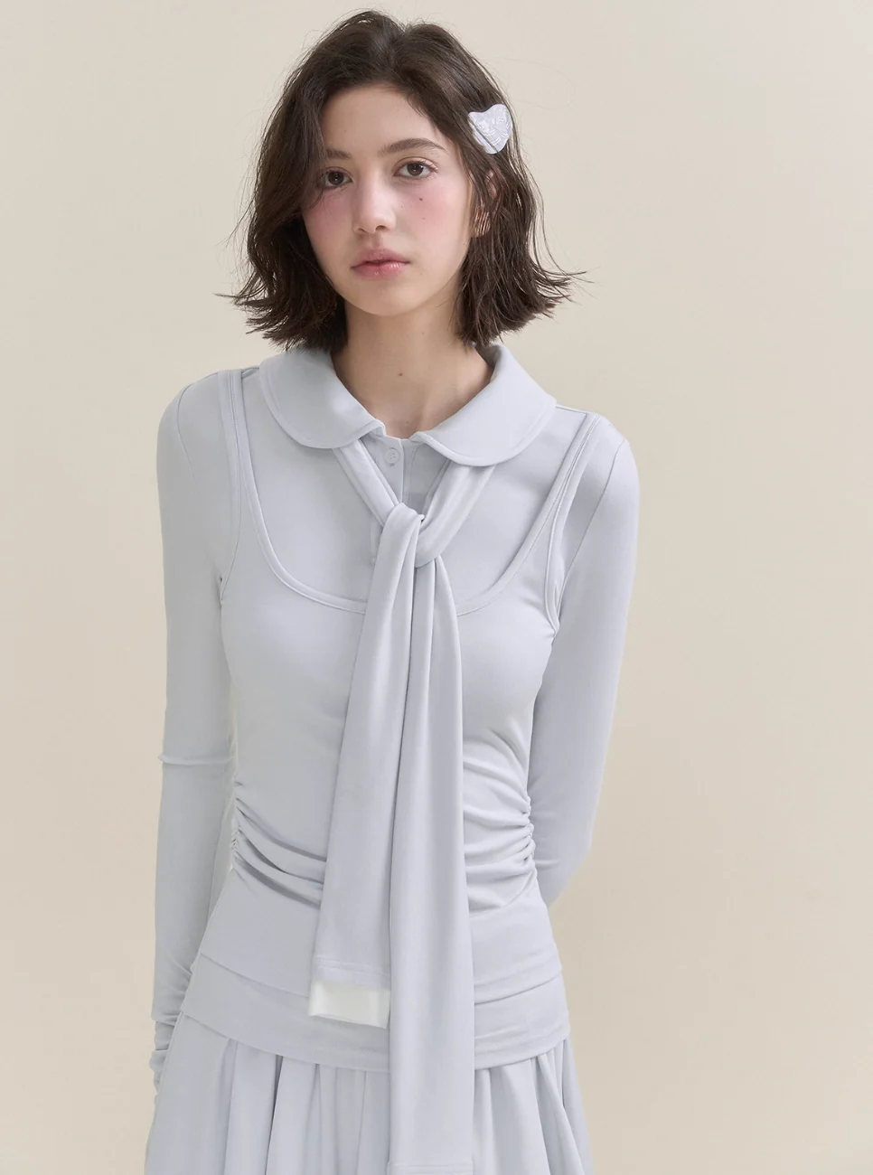 Soft Light Doll Collar Faux Two-Piece Top & Skirt Set - Image 3