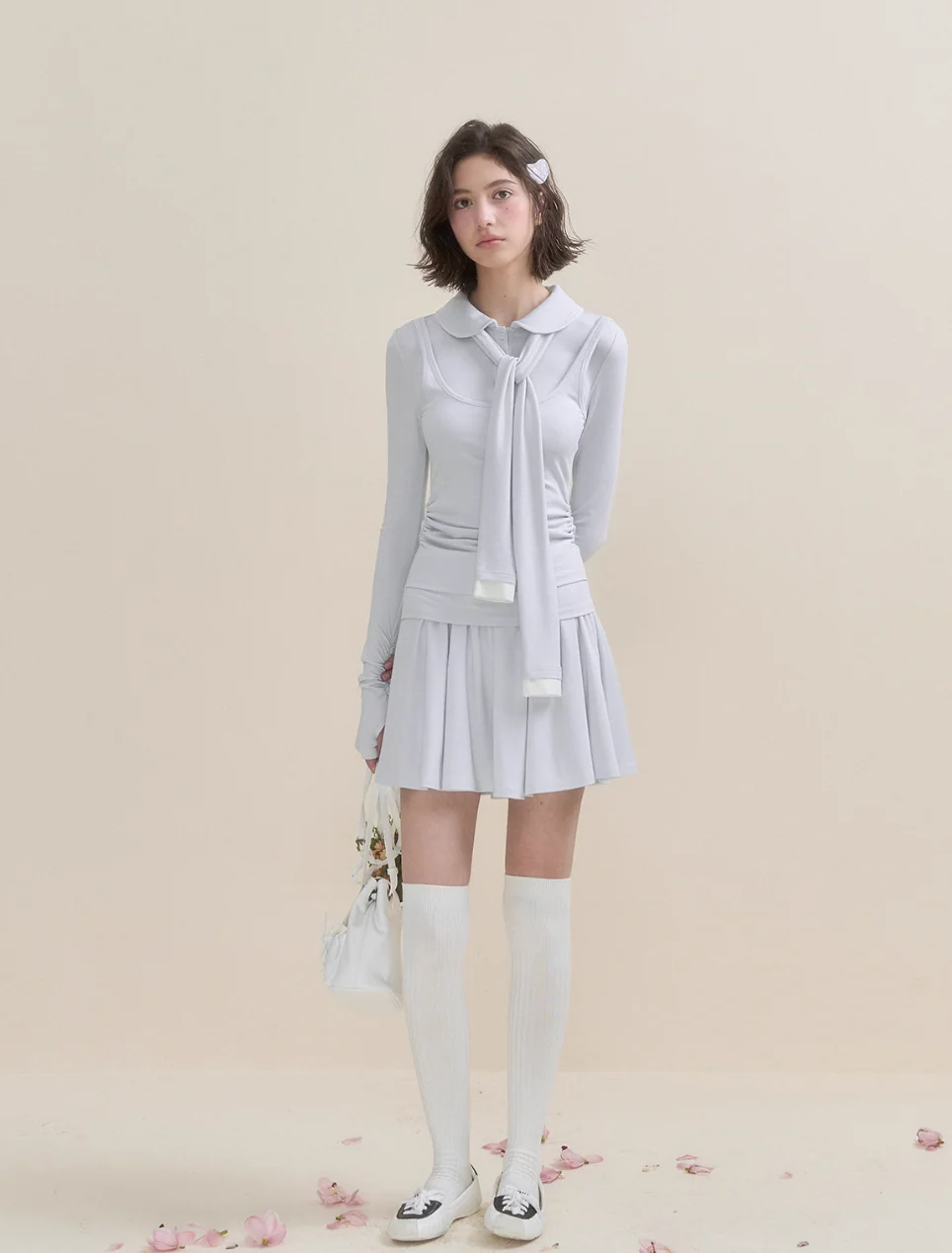 Soft Light Doll Collar Faux Two-Piece Top & Skirt Set - Image 4