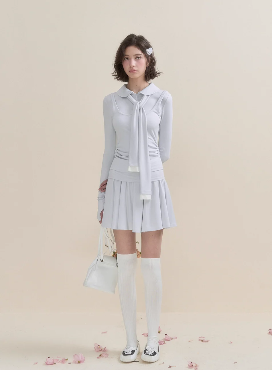 Soft Light Doll Collar Faux Two-Piece Top & Skirt Set - Image 5