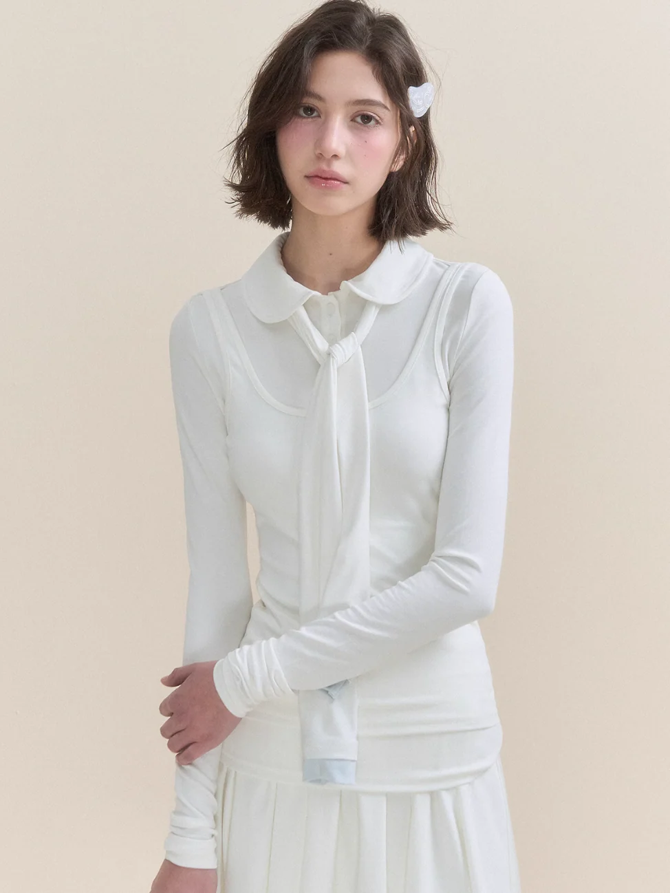 Soft Light Doll Collar Faux Two-Piece Top & Skirt Set - Image 6
