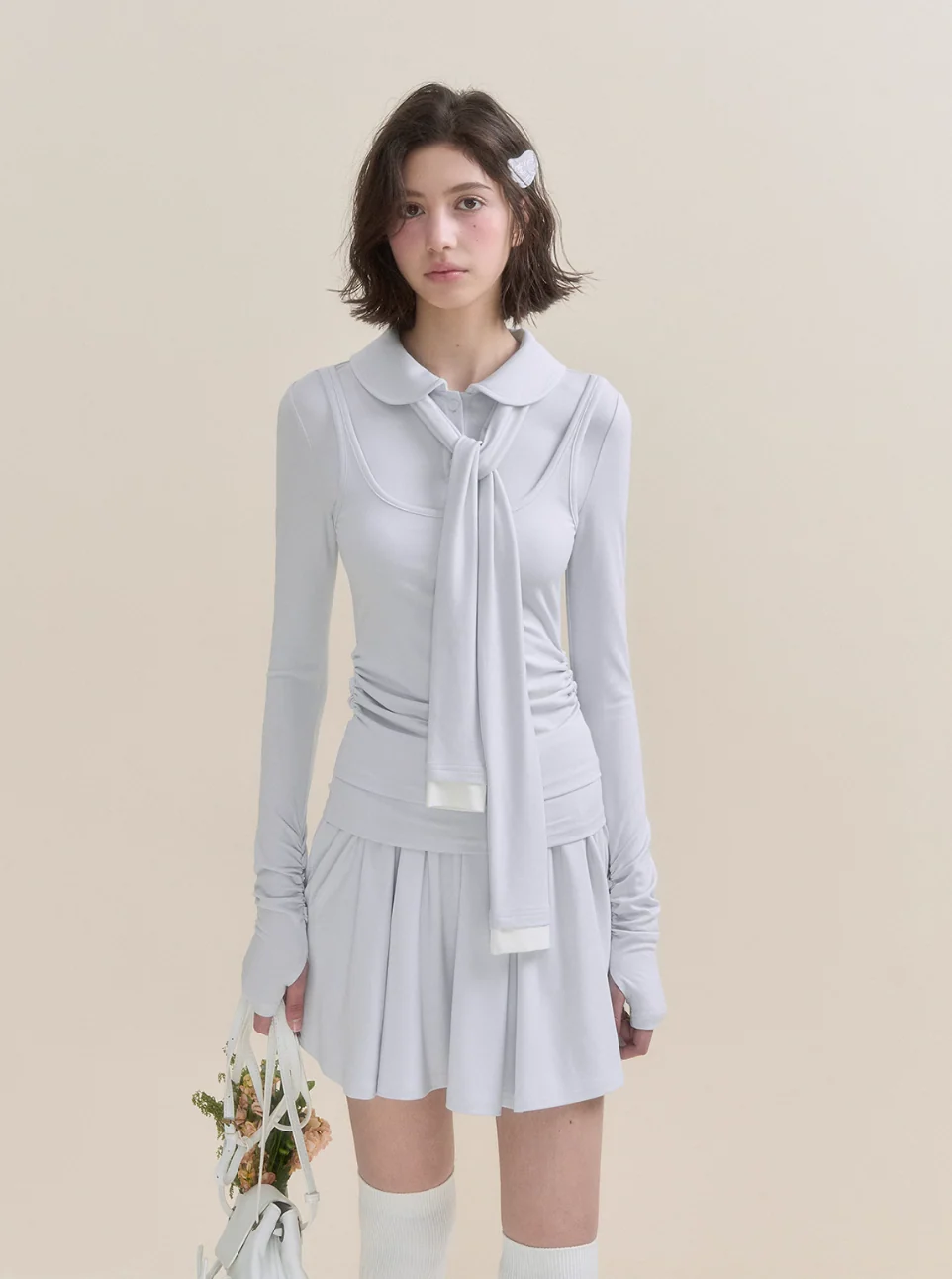 Soft Light Doll Collar Faux Two-Piece Top & Skirt Set - Image 7