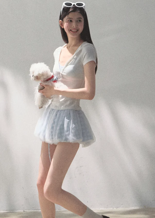 Soft Mesh Grid Puff Flower Bud Skirt - Image 7
