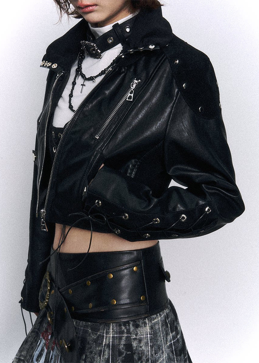 Stacked Collar Leather Jacket - Image 2